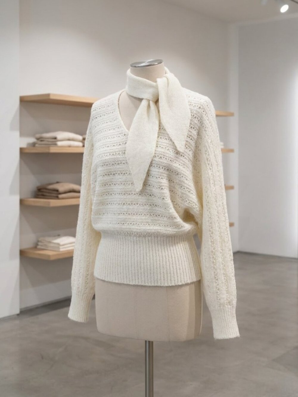 Zara Knit Sweater Womens Small Cream Bow Neck Pointelle Balloon Sleeve Cozy